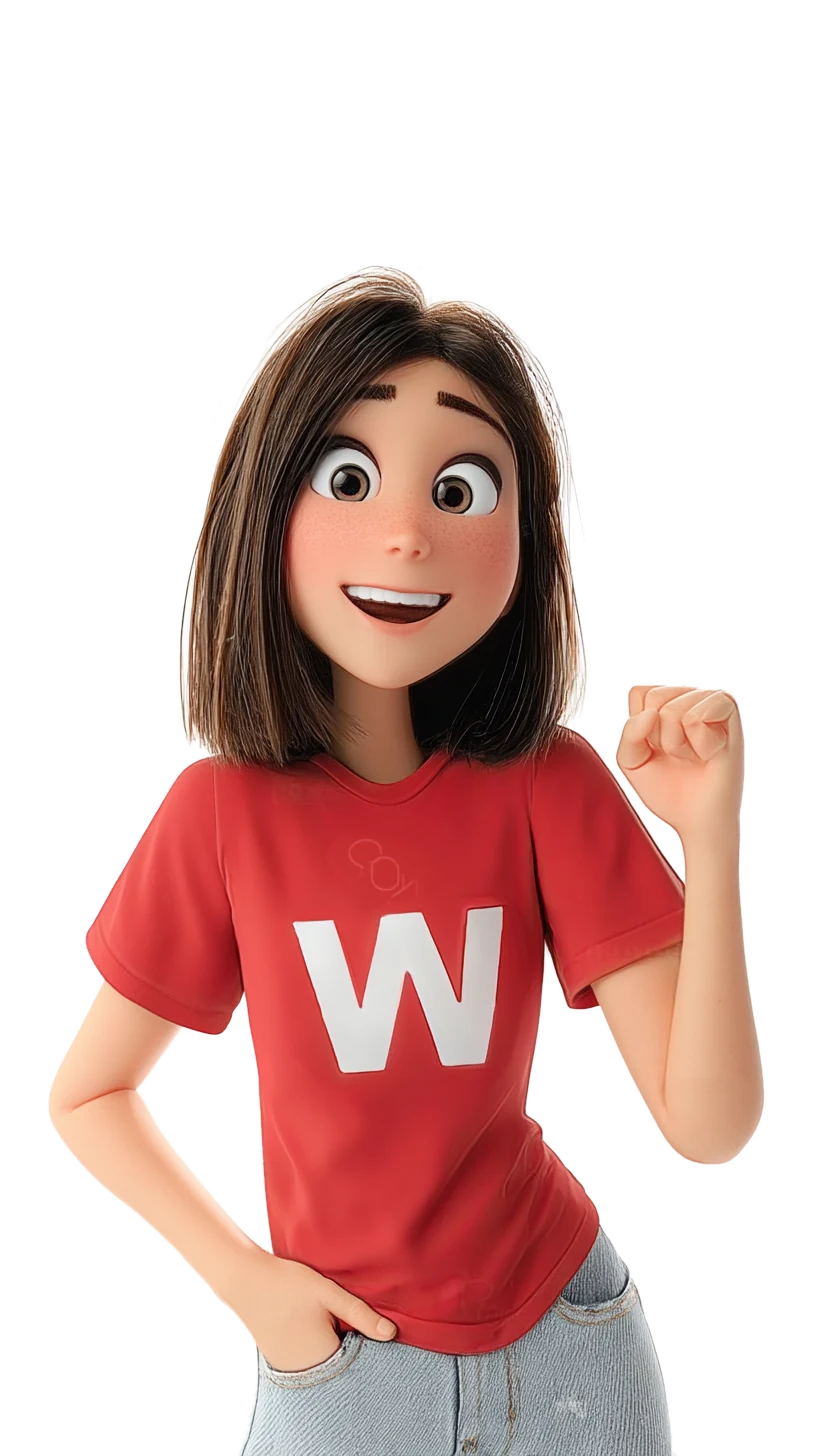 Wee, la mascotte di Weeby: una ragazza sorridente con maglietta rossa e W bianca.
